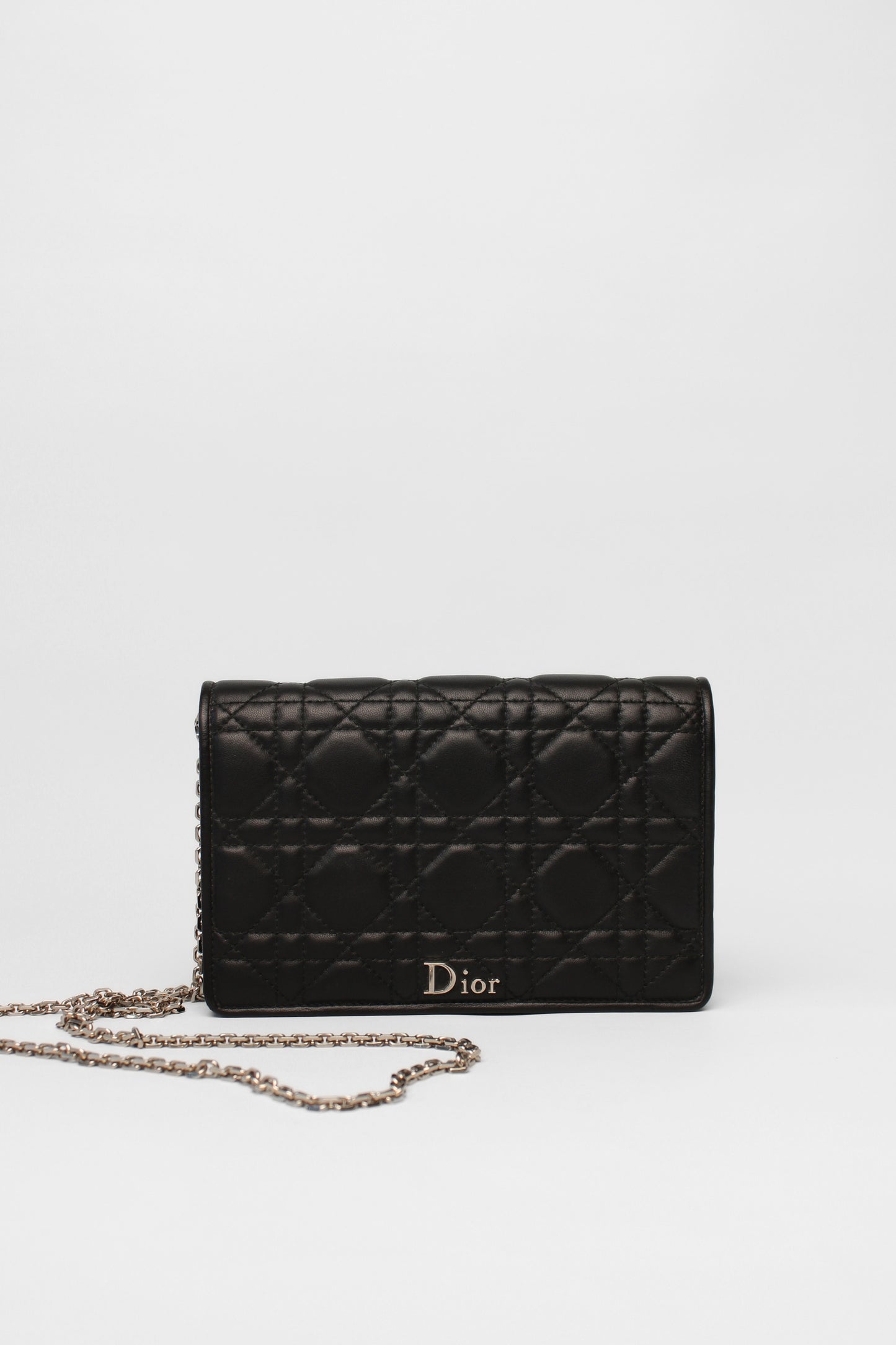 Christian Dior Black Quilted Wallet on Silver Long Chain