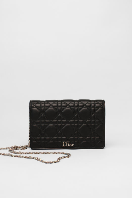 Christian Dior Black Quilted Wallet on Silver Long Chain