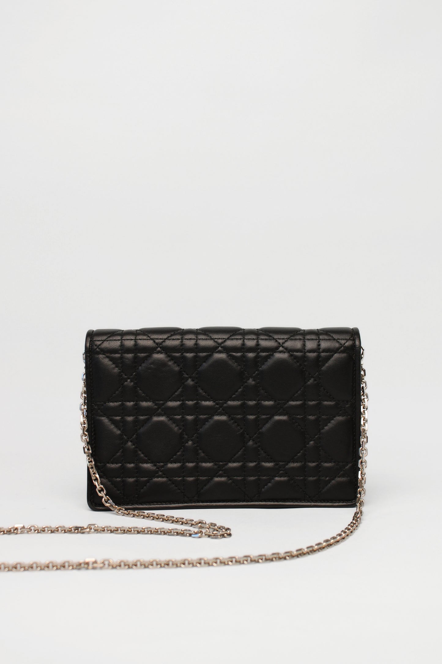 Christian Dior Black Quilted Wallet on Silver Long Chain