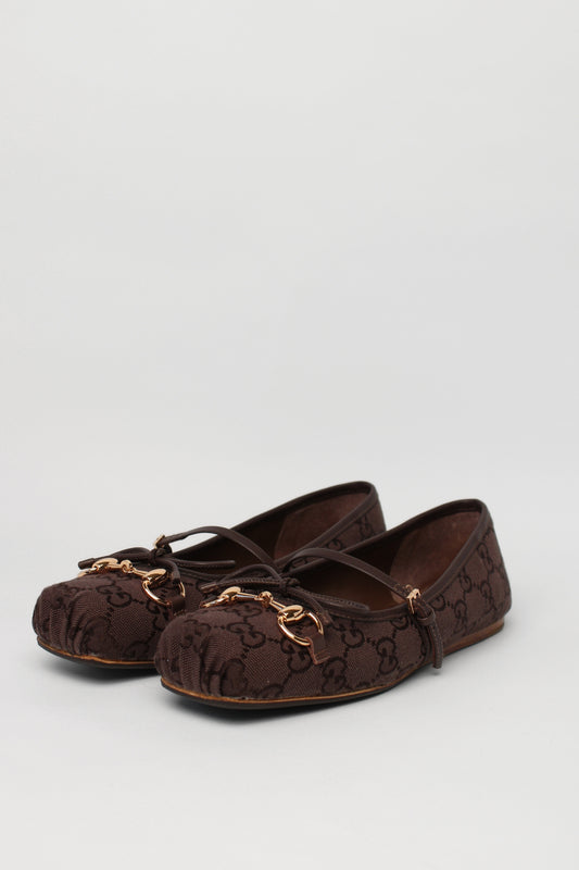 Gucci Brown Mongram Horsebit Ballet Flats Size 38