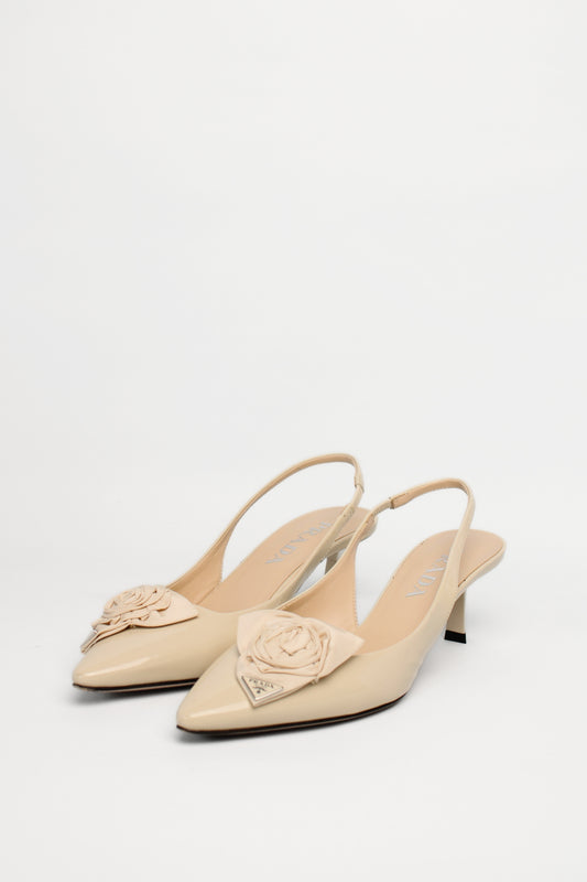 Prada Beige Patent Flower Trim Slingbacks Size 35.5