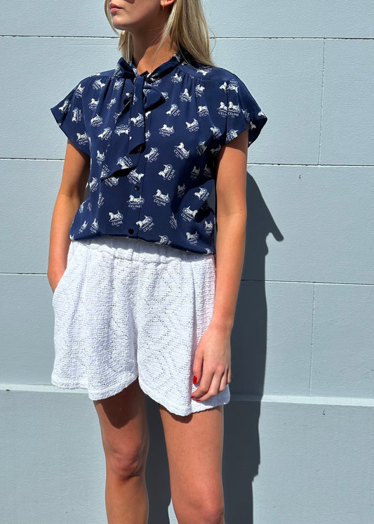 Celine Navy Logo Silk Top Size 34