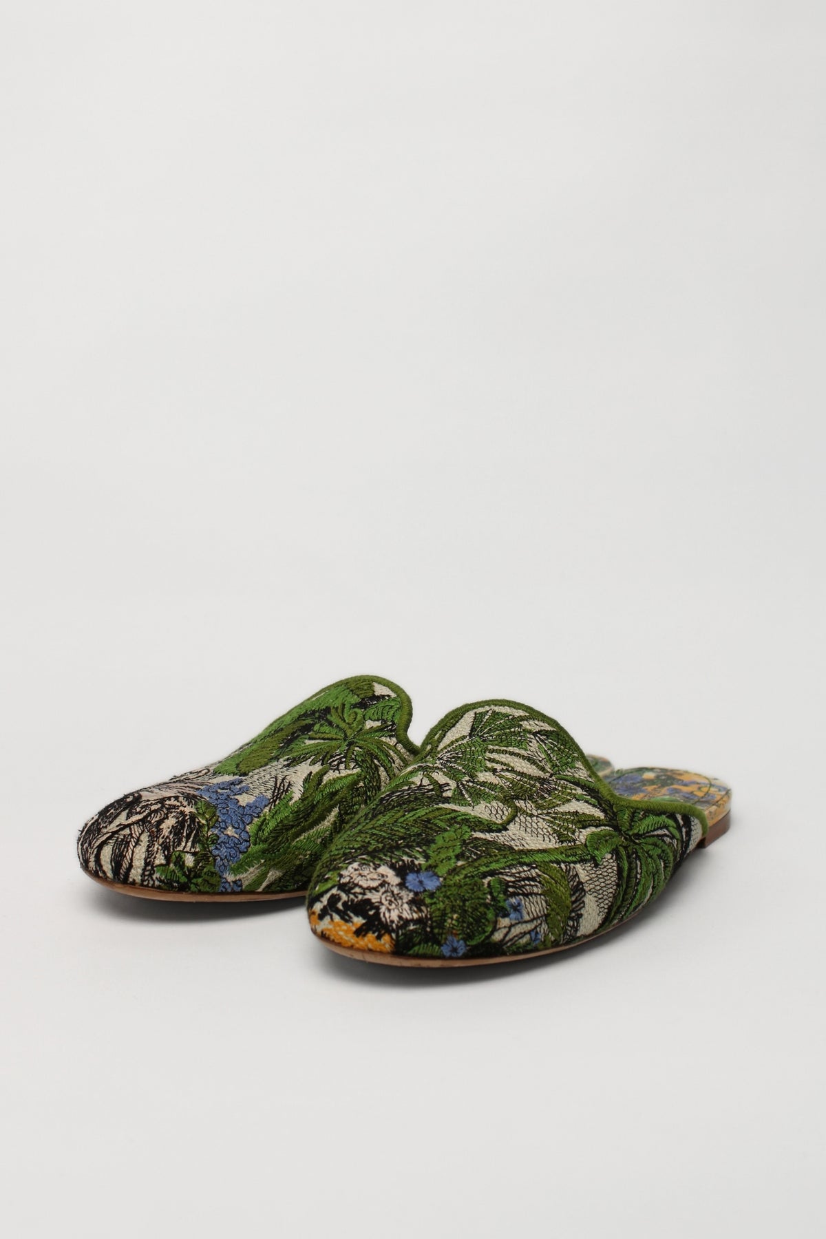 Christian Dior Toile de Jouy Tropical Embroidered Flat Mules
