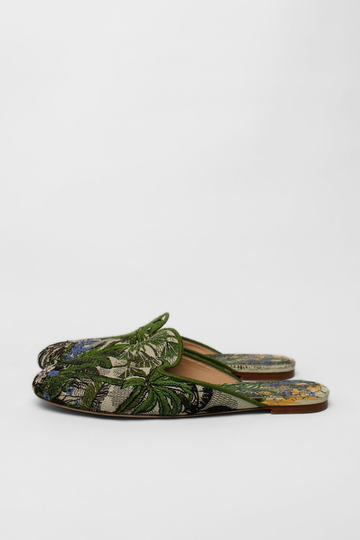 Christian Dior Toile de Jouy Tropical Embroidered Flat Mules