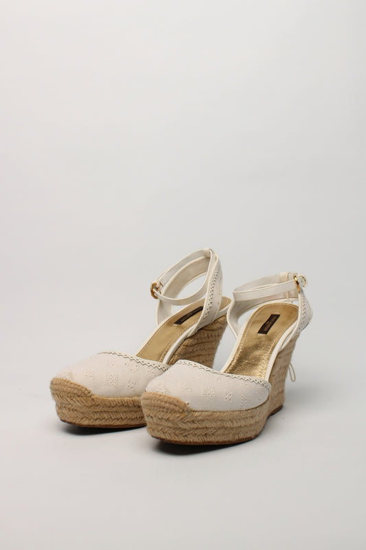 Louis Vuitton White Fabric Patent Platform Espadrille Size 38.5