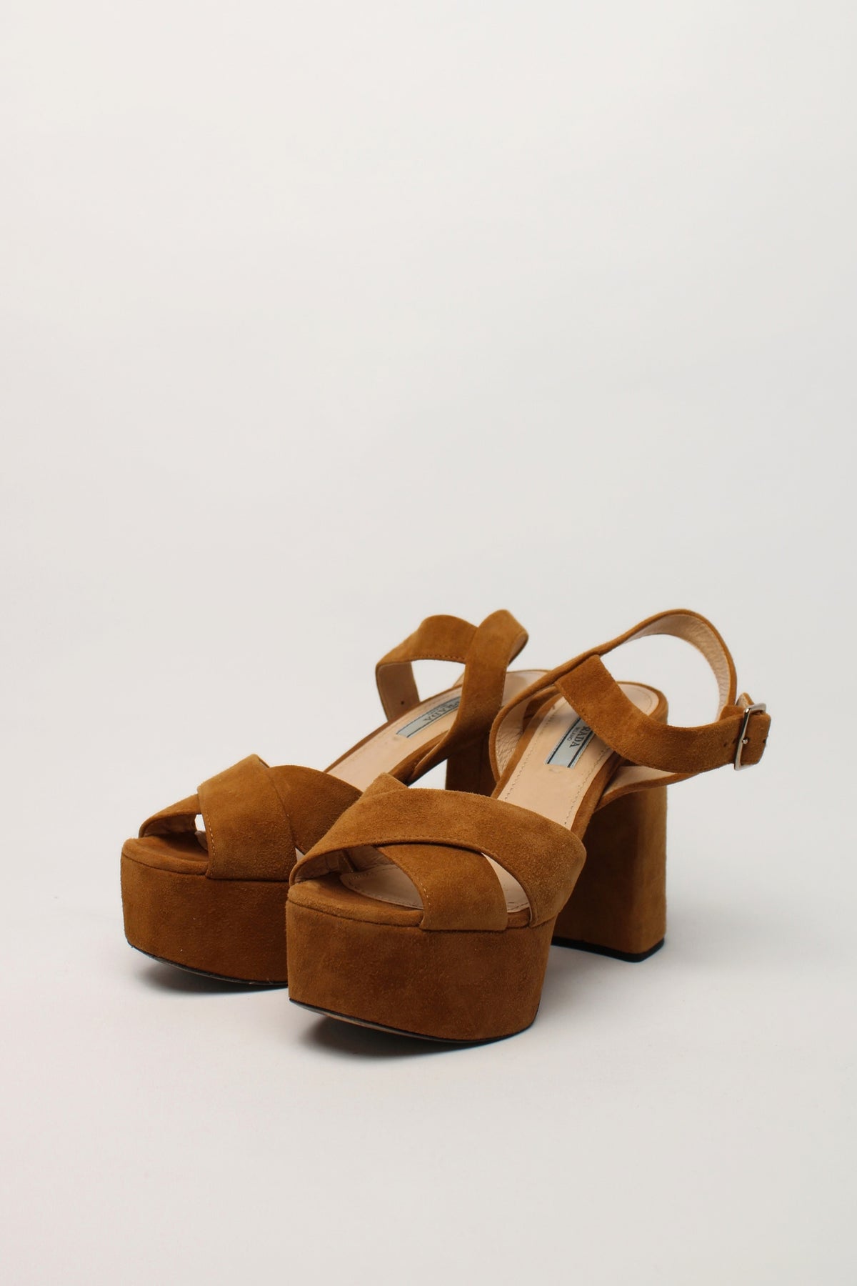 Prada Tan Suede Platform Crossover Strap Sandals Size 35.5