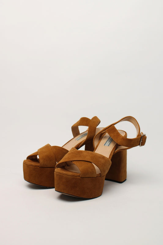 Prada Tan Suede Platform Crossover Strap Sandals Size 35.5