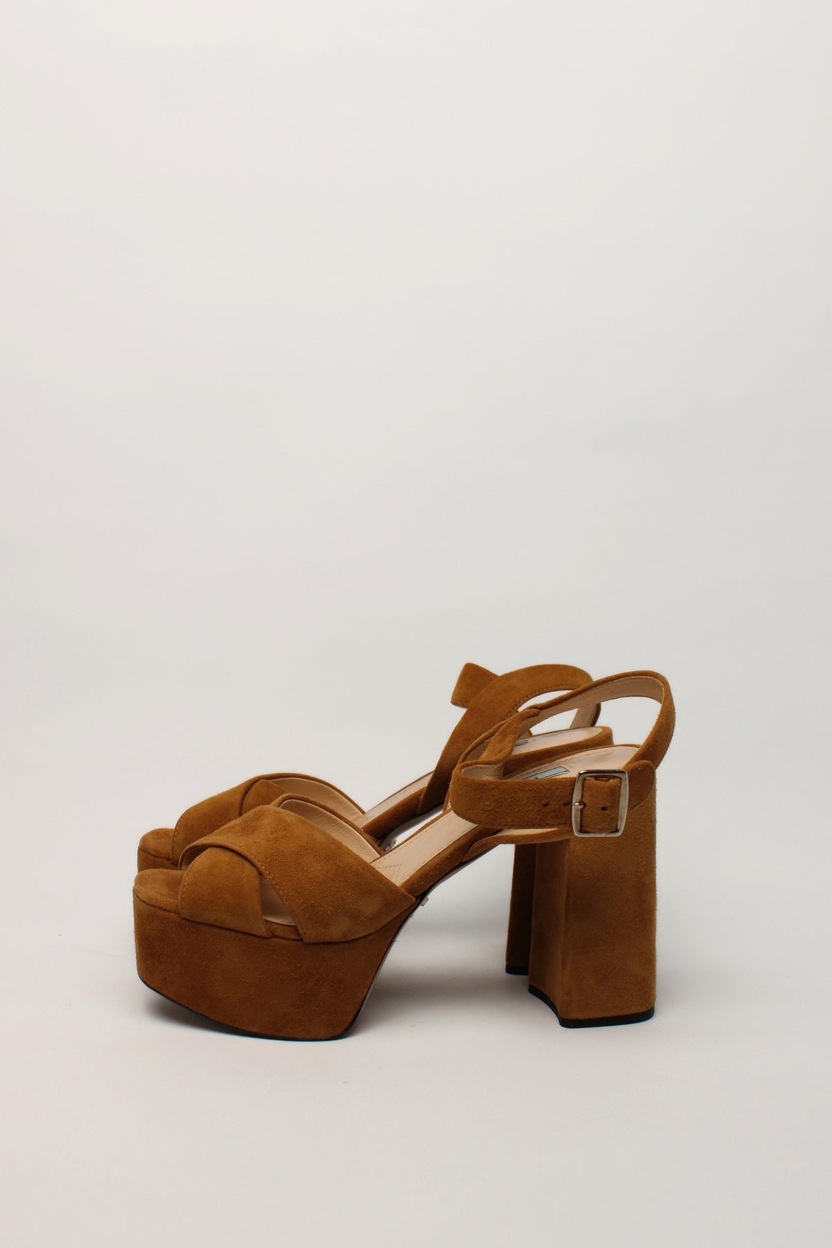 Prada Tan Suede Platform Crossover Strap Sandals Size 35.5