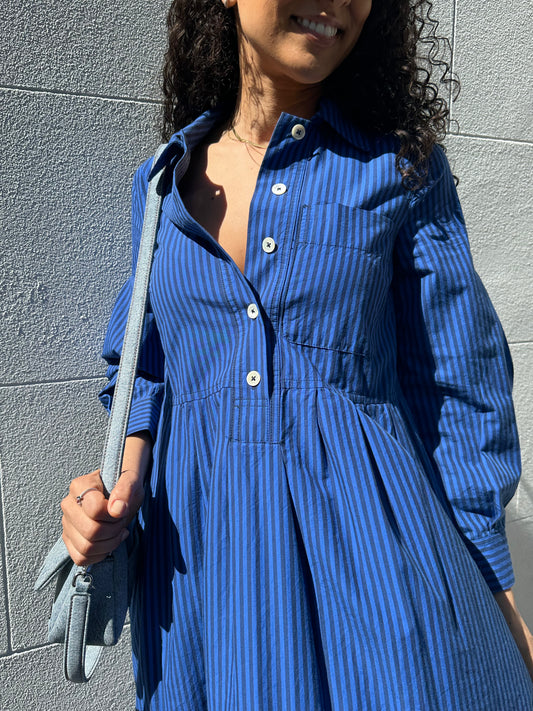 Toast Blue Stripe Cotton Dress Size XS
