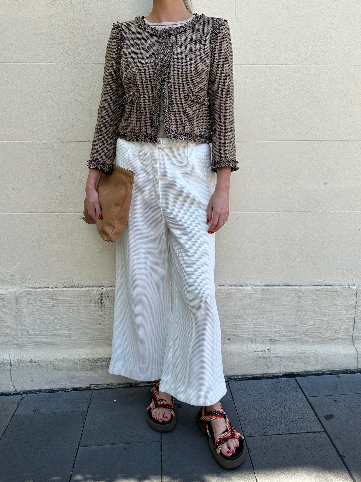 Chanel Taupe Tweed Open Jacket Size 42