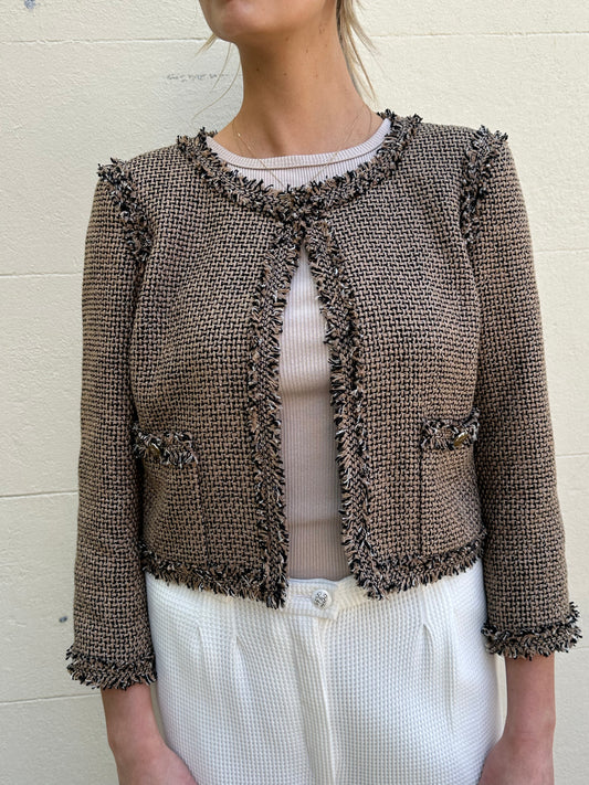 Chanel Taupe Tweed Open Jacket Size 42