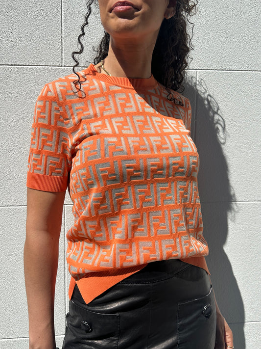 Fendi Orange Logo Knit Top Size 40