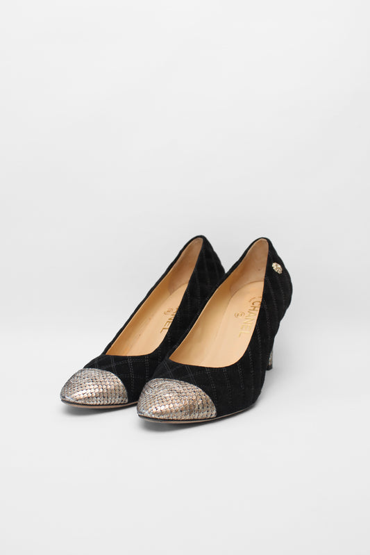 Chanel Silver Snake/Suede Pumps Size 38
