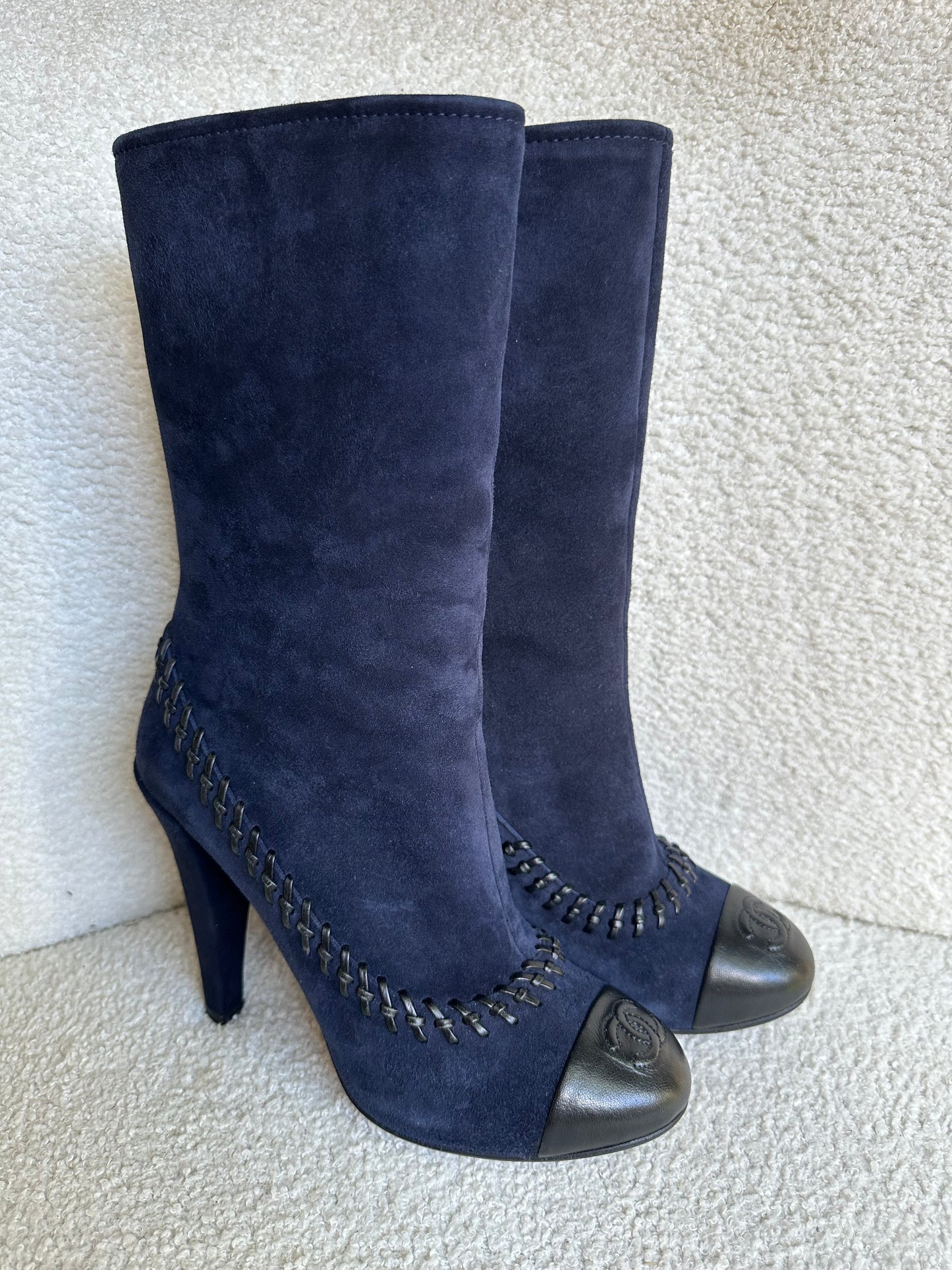 Chanel Navy Suede Mid Boots Size 38.5