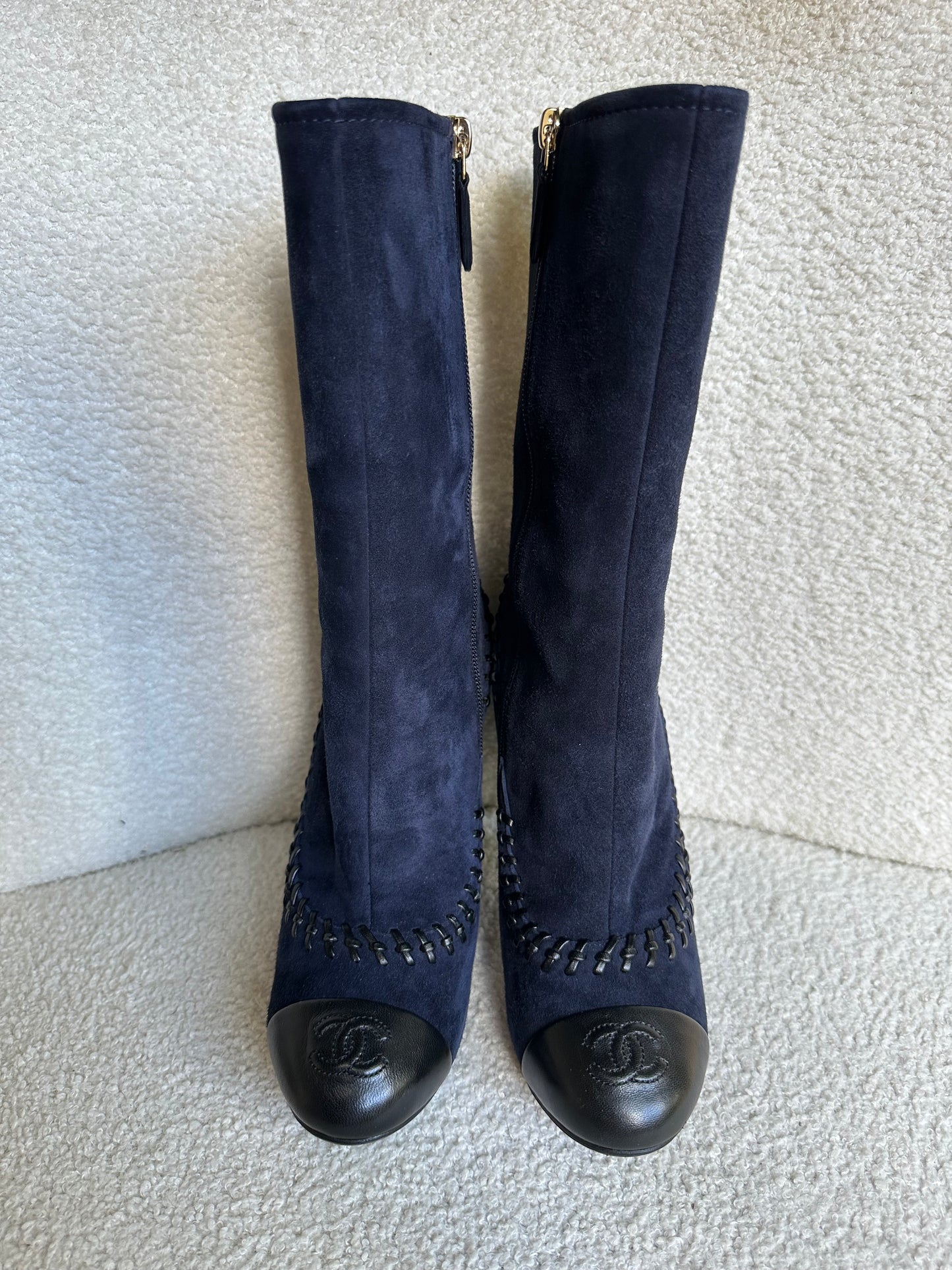 Chanel Navy Suede Mid Boots Size 38.5