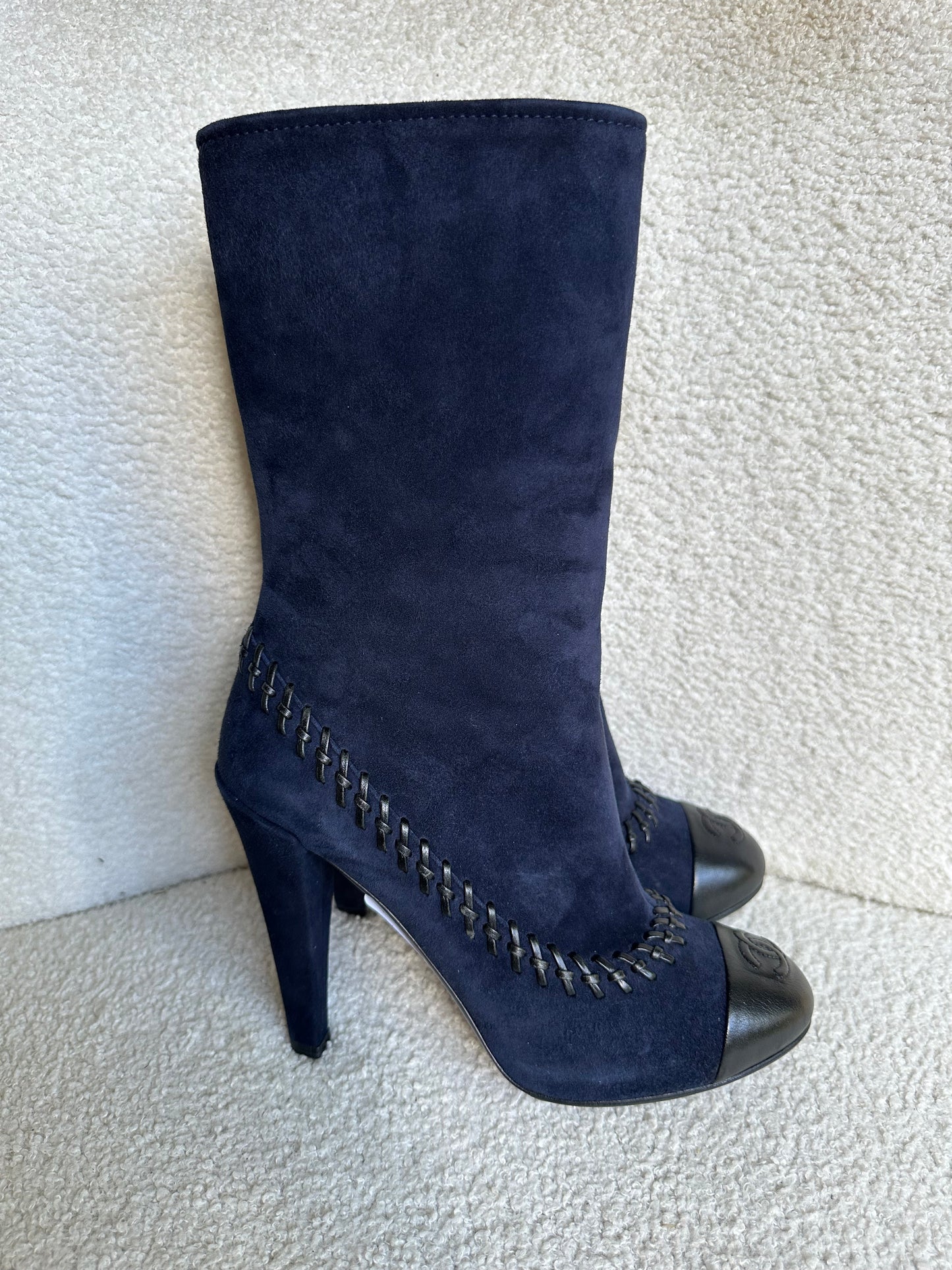 Chanel Navy Suede Mid Boots Size 38.5