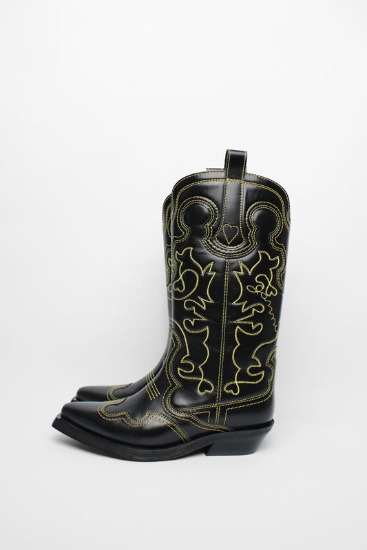 Ganni black leather yellow stitch cowboys boots Size 36