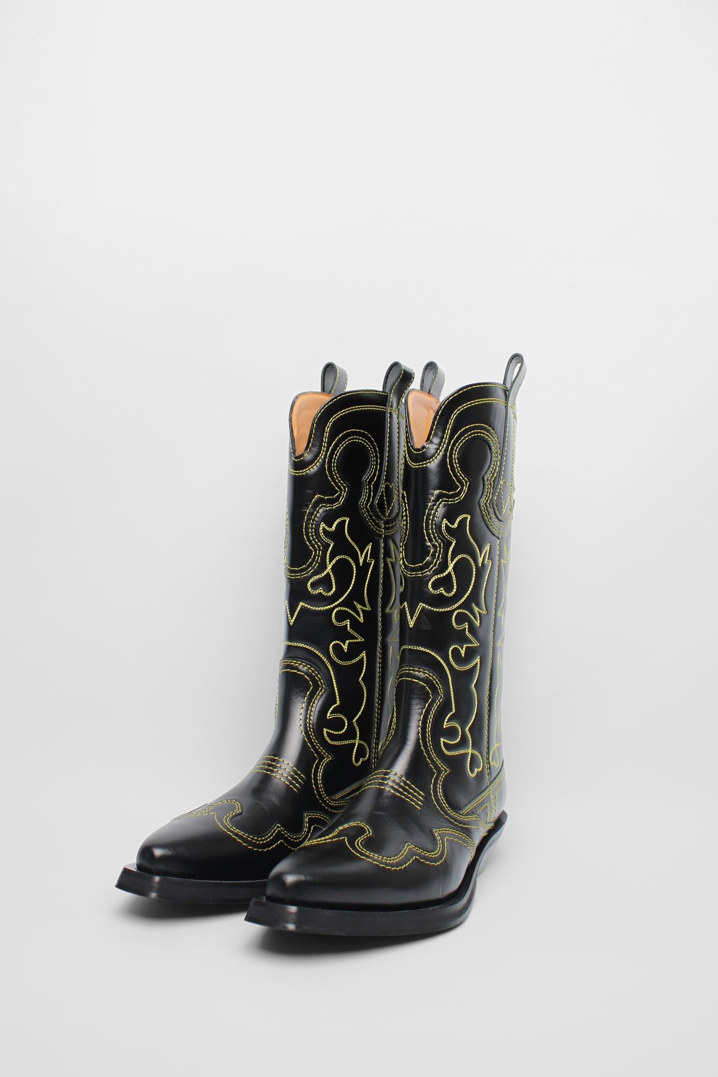Ganni black leather yellow stitch cowboys boots Size 36