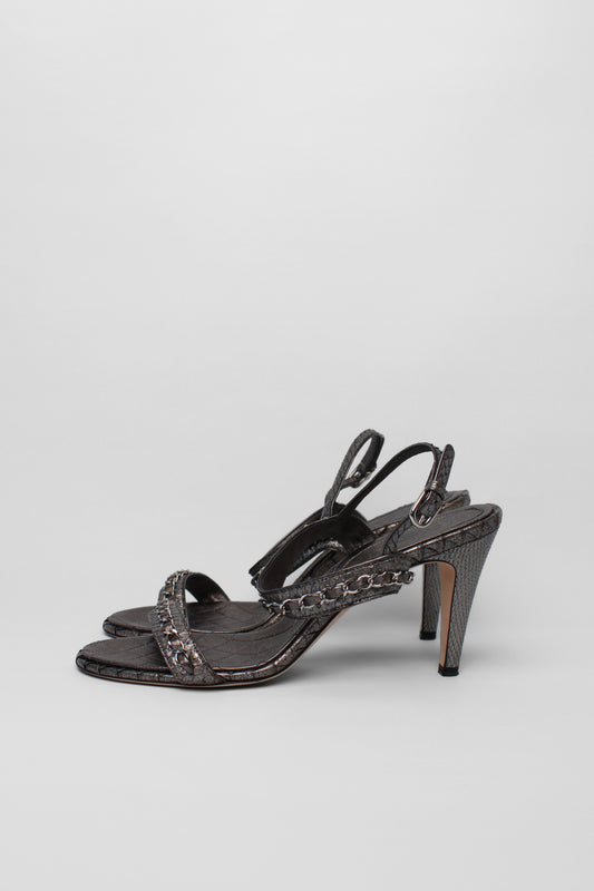 Chanel platinum silver chain leather open toe heels