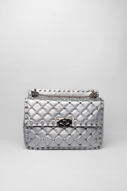 Valentino rockstud silver leather and silver crossbody chain