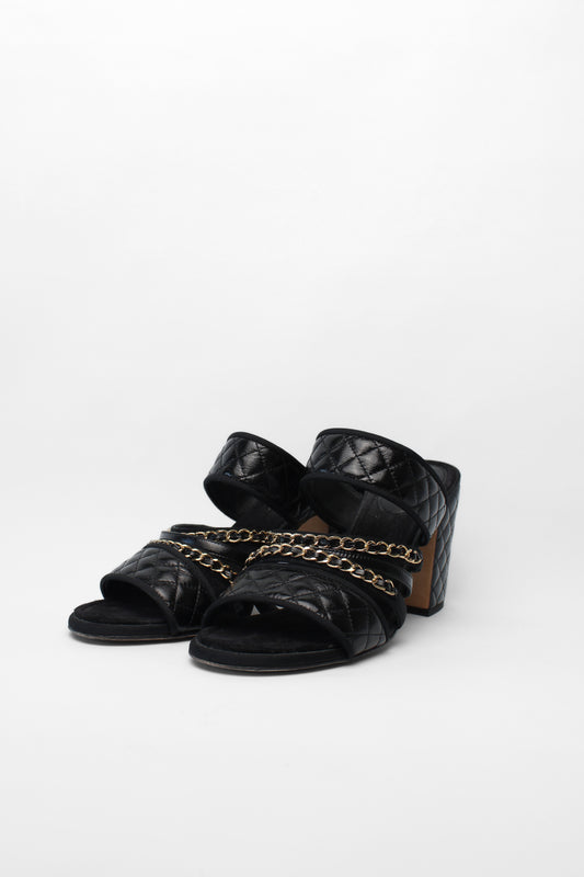 Chanel Black Gold Chain Quilted Box Heels Size 40