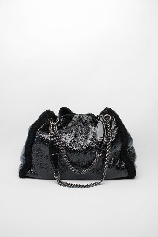 Gucci Black GG Patent Shearling Chain Bag