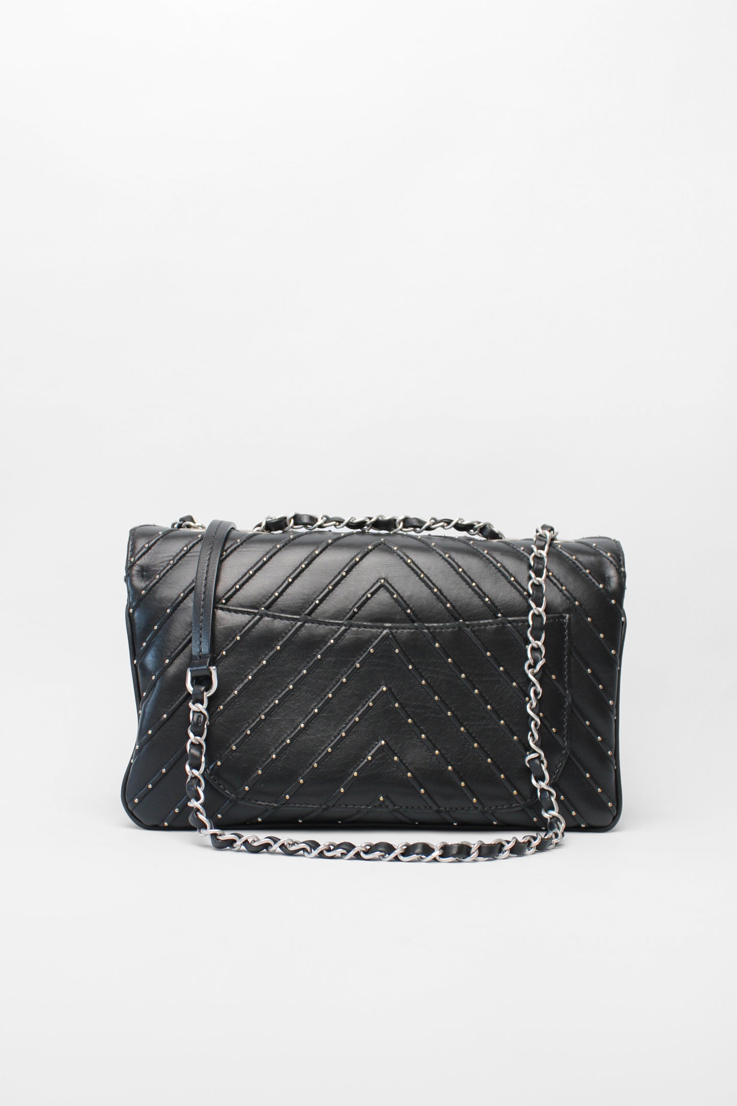 Chanel Black Chevron Stud Flap Bag with silver hardware /CC lock