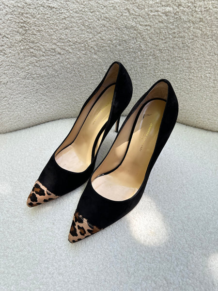 Jennifer Chamandi black suede leopard toe details high heels Size 40.5