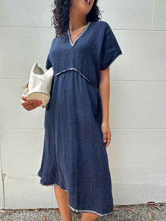 By Freer Navy Eli Linen Dress Size M/L