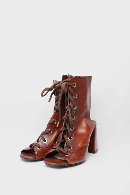 Prada Lace Brown Peeptoe Boots Size 39