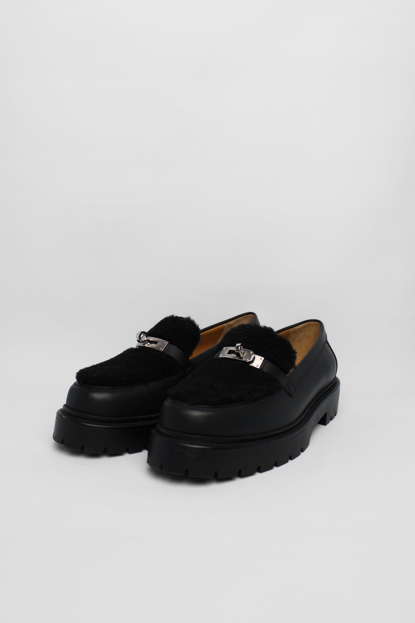 Hermes Black Shearling Loafers Size 40