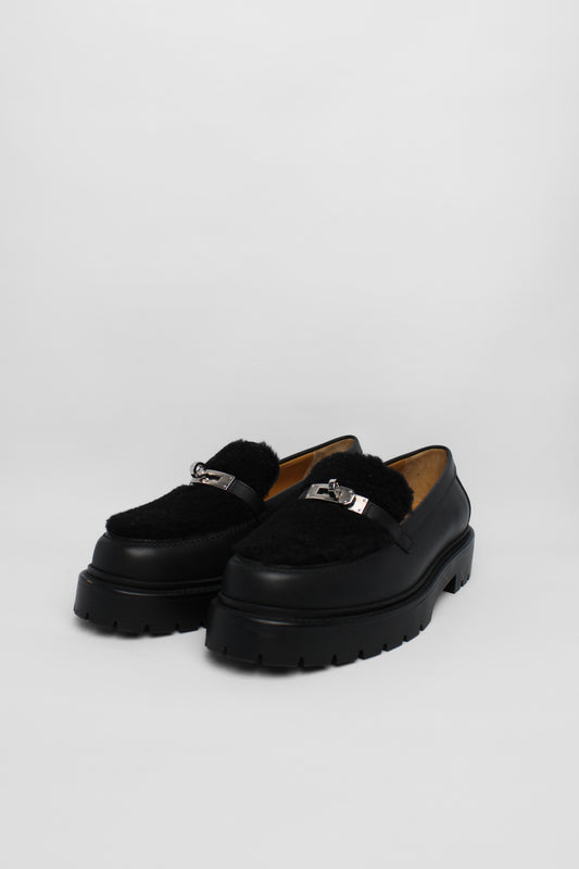 Hermes Black Shearling Loafers Size 40