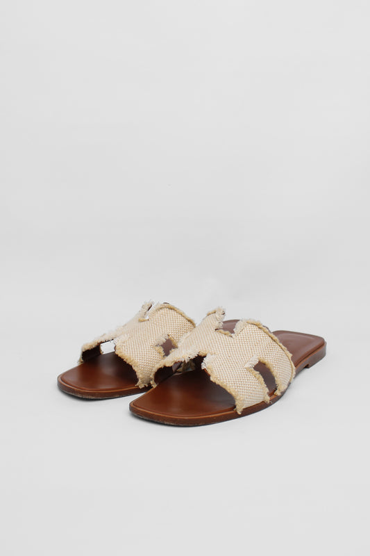Hermes Oran Beige Fabric Slides Size 39.5