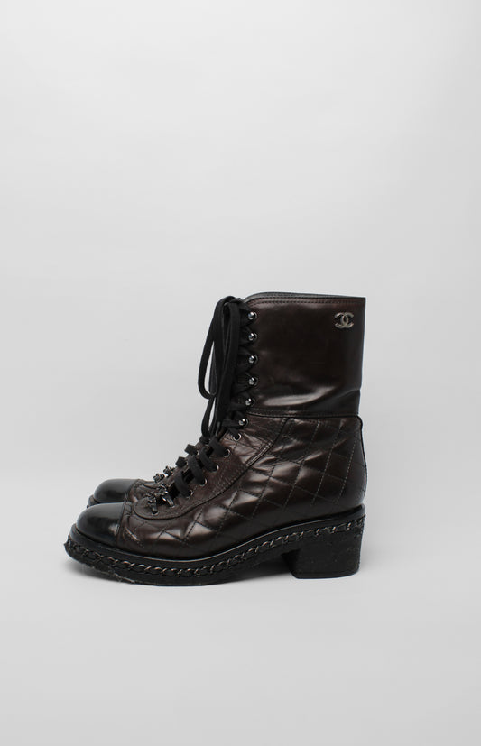 Chanel Brown Lace Combat Boots Size 39