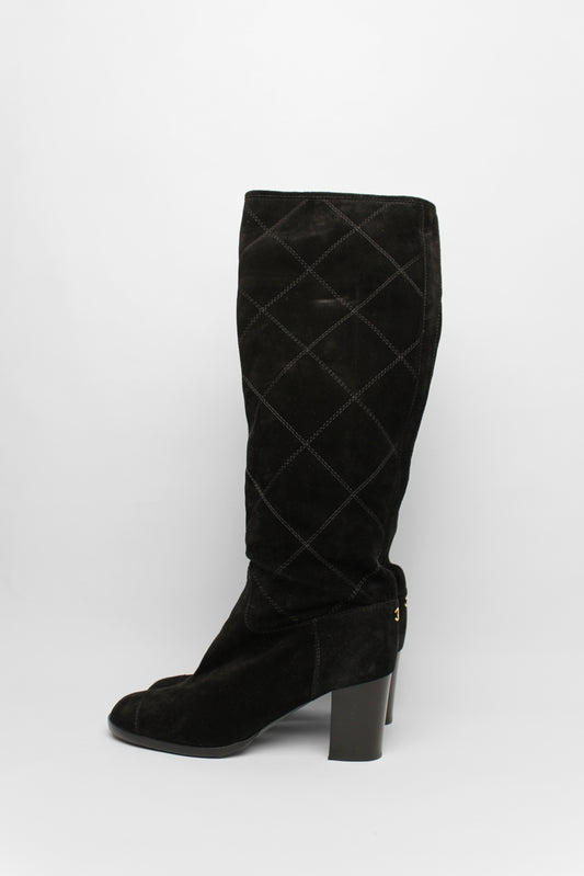 Chanel Black Suede Quilted Boots Size 40