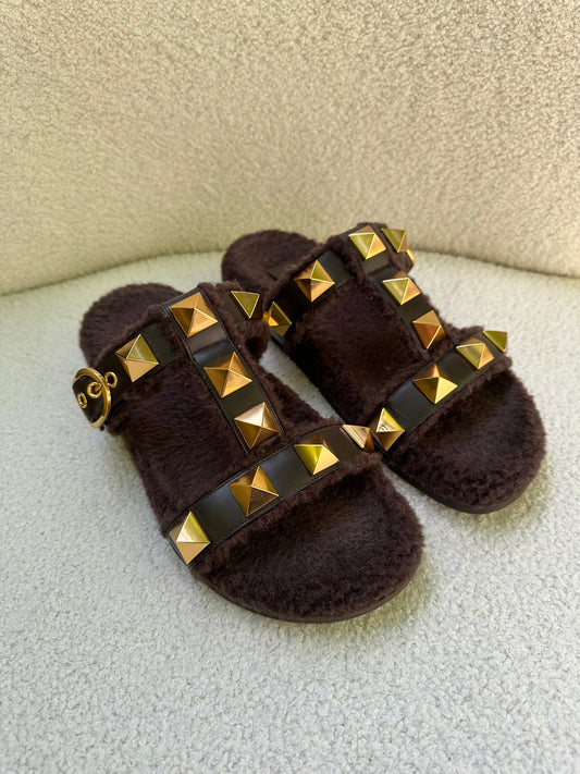 Valentino Chocolate Shearling Slides Size 39