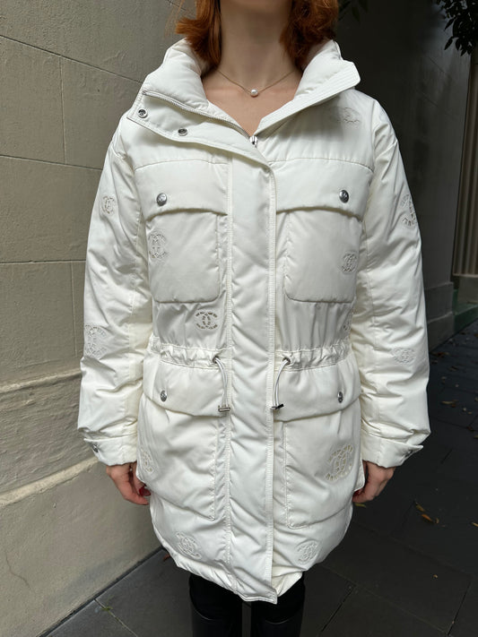 Chanel Cream Logo Puffer Jacket Size 40