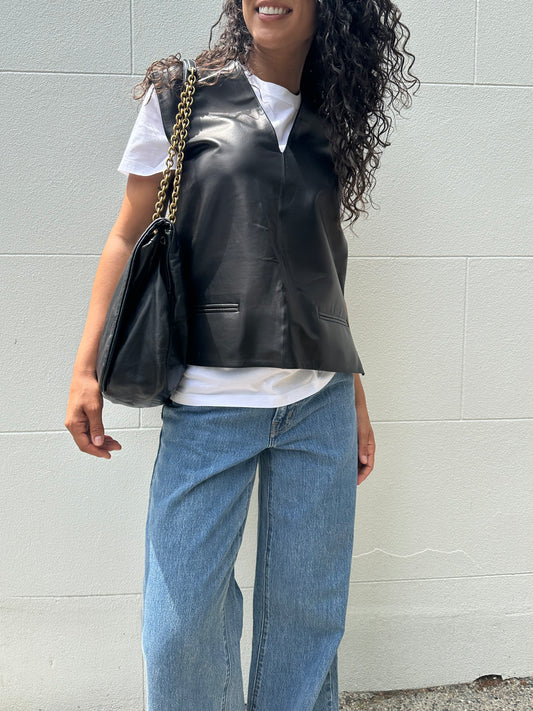 Celine Black Leather Vest Size 38