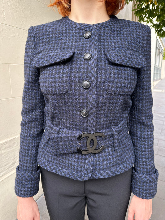 Chanel Navy Check Belt Jacket Size 40