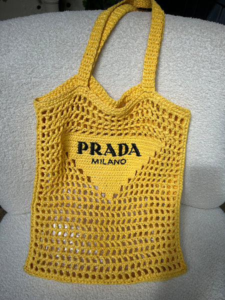 Prada Yellow Raffia Logo Bag