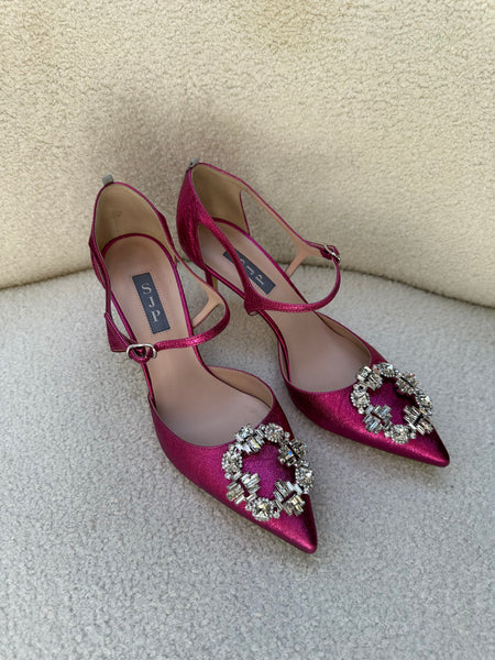 SJP Pink Diamonte Satin Heels Size 38