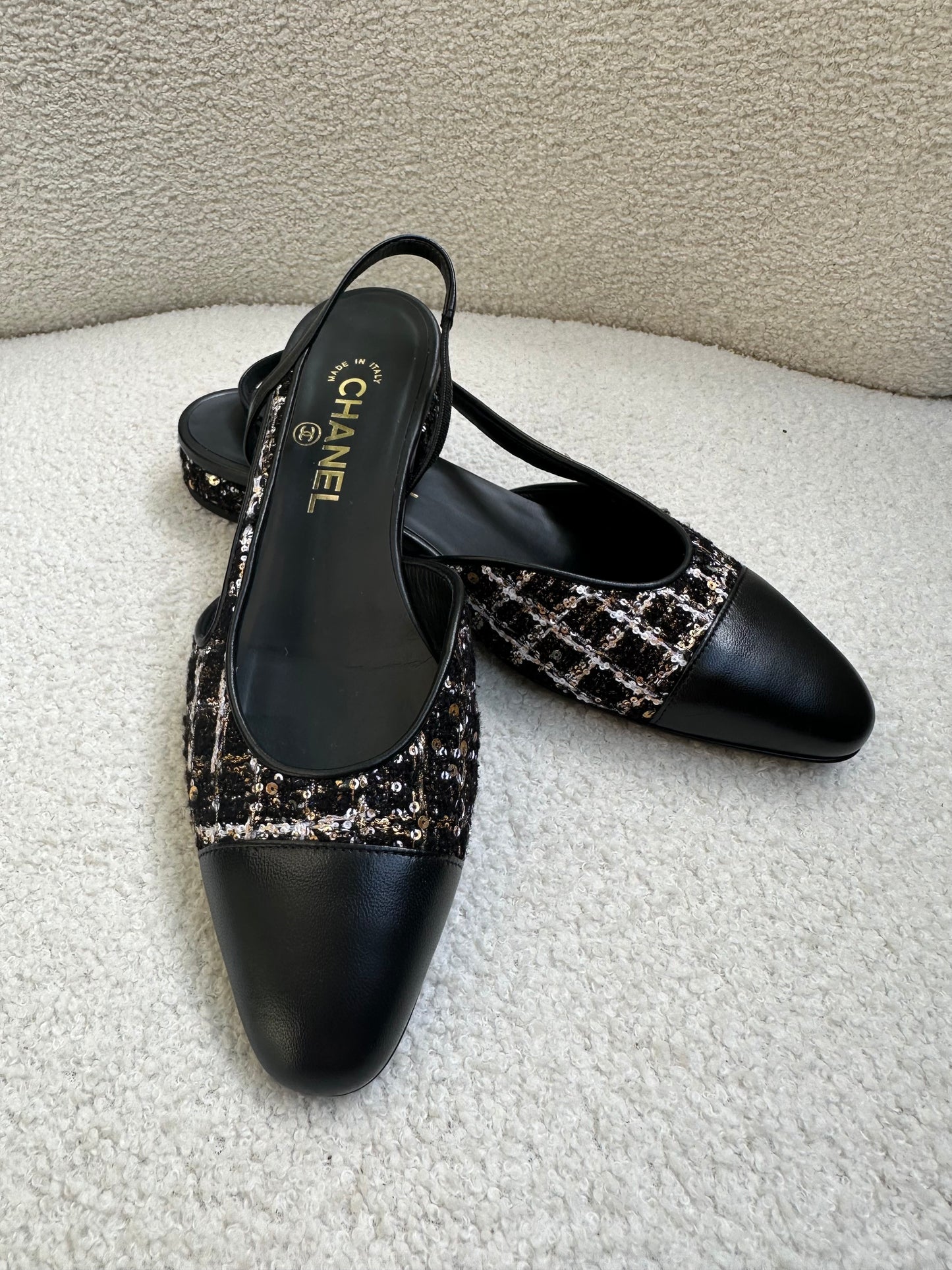 Chanel Black Tweed Sling backs Size 38.5
