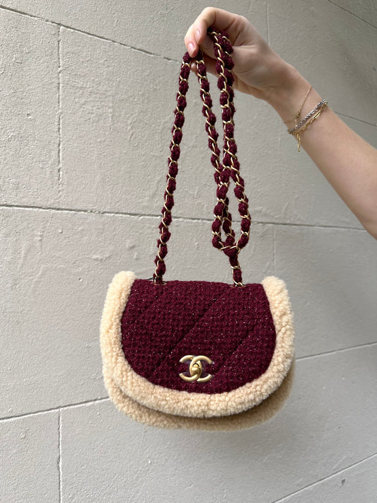 Chanel 22k Mini Messenger Shearling and Burgundy Tweed Flap Bag