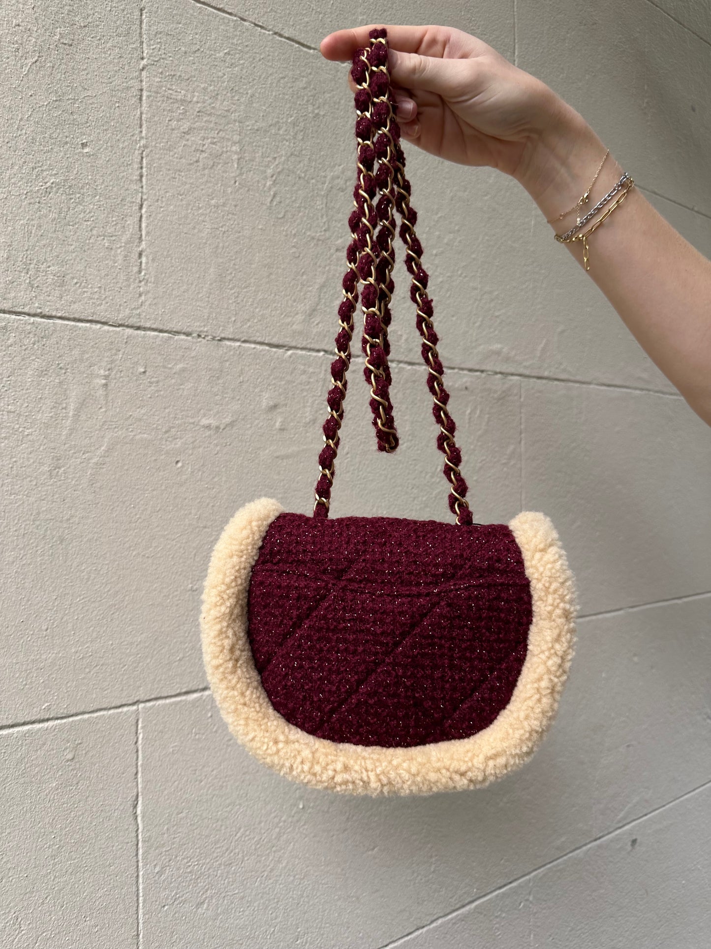 Chanel 22k Mini Messenger Shearling and Burgundy Tweed Flap Bag