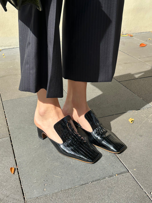 By Far Black Croc Print Mules Size 36
