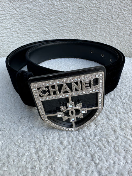 Chanel Diamonte Shield Black Suede Belt Size 80