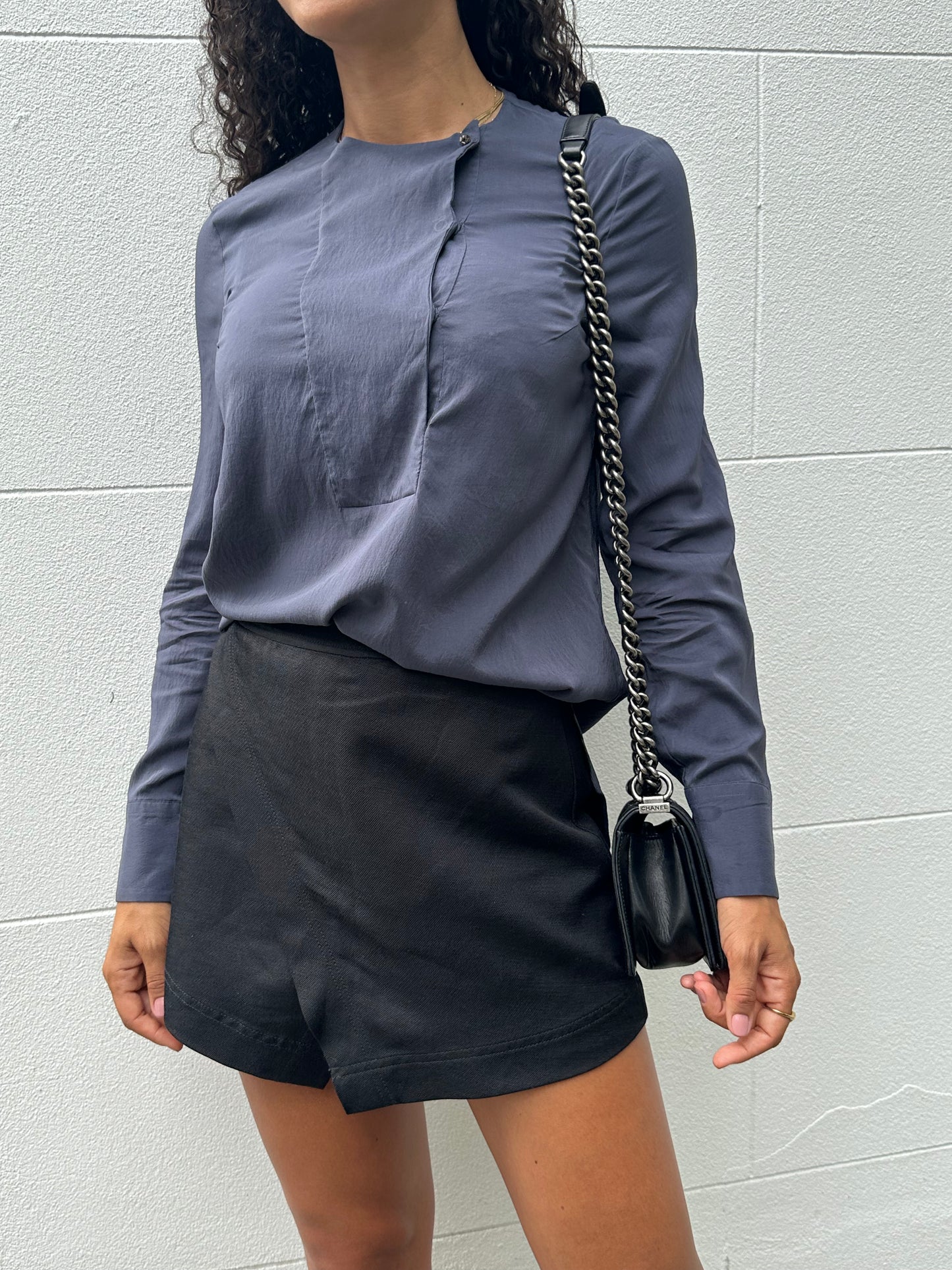 Brunello Cucinelli Navy Silk Scoop Neck Top Size S