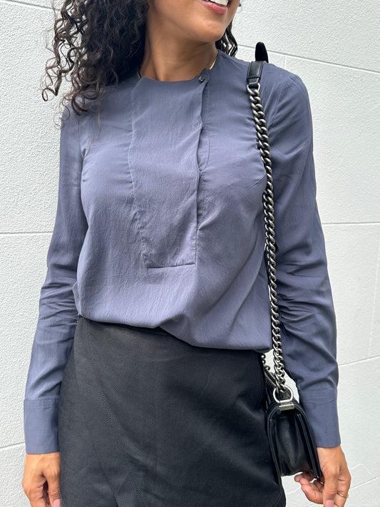 Brunello Cucinelli Navy Silk Scoop Neck Top Size S