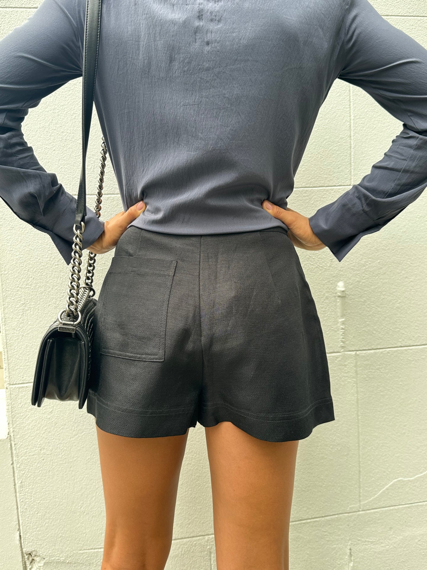 Brunello Cucinelli Navy Silk Scoop Neck Top Size S