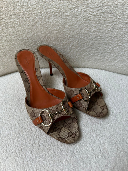 Gucci Monogram Tan Mules Size 39